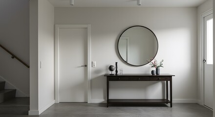 Interior view of a modern entryway featuring a round mirror above a dark console table, with a white door and staircase visible.