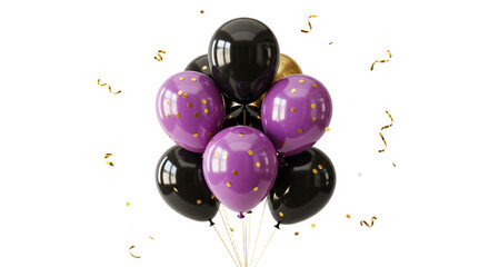 Black and purple helium balloons with gold confetti and gold ribbon strings perfect for birthday parties and celebrations