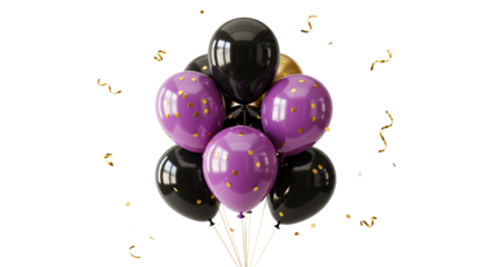 Black and purple helium balloons with gold confetti and gold ribbon strings perfect for birthday parties and celebrations