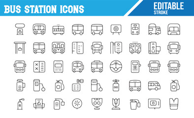 Editable Stroke Icons for Bus Stations Featuring Vehicles, Stops, and Services