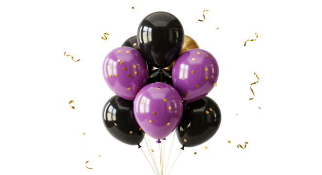 Black and purple helium balloons with gold confetti and gold ribbon strings perfect for birthday parties and celebrations