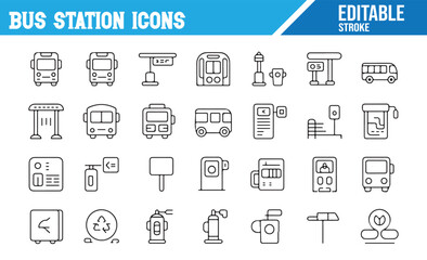 Editable Bus Station Icons Featuring Public Transport and Ticket Machines