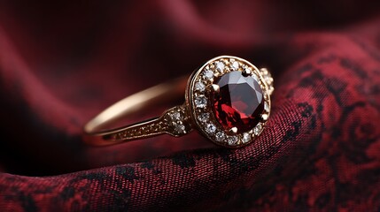 Gold ring with deep red gemstone surrounded by diamonds placed on dark red fabric with elegant vintage mood