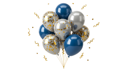 Blue, silver, and white balloons with gold confetti for party decoration and celebration events, perfect for festive occasions