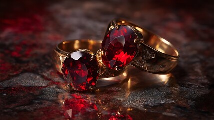 Gold rings with red gemstones arranged in dramatic lighting capturing exquisite craftsmanship and high end luxury appeal