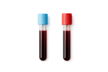 Two filled blood vials with red and blue caps side by side, blood test with vial and transparent background