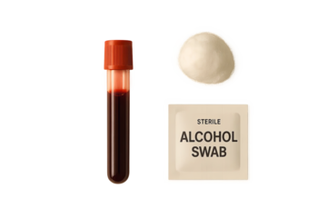 Blood test vial next to alcohol swab and cotton ball, blood test with vial and transparent background