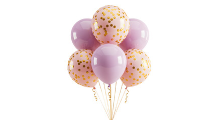 Cluster of purple and white balloons with gold confetti isolated on white background, perfect for birthday parties and festive celebrations