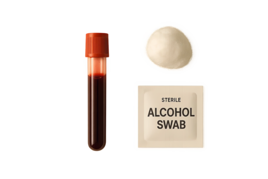 Blood test vial next to alcohol swab and cotton ball, blood test with vial and transparent background