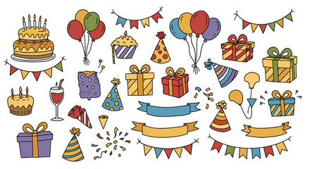 Colorful HandDrawn Birthday Party Elements Collection with Cakes Balloons Gifts and Hats.