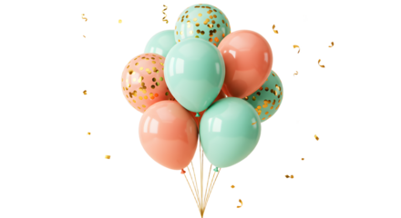 Colorful balloon bouquet with teal, peach, and confetti balloons perfect for birthday parties and festive celebrations