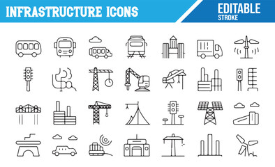 Line Art Infrastructure Icons for Transportation, Construction, and Energy Systems