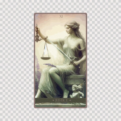 watercolor Tarot card 'Justice'.Tarot card colorful deck. Major arcana set part . Occult and alchemy symbolism.