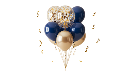 Elegant gold and navy blue balloons bouquet with confetti balloon perfect for celebrations and party decorations