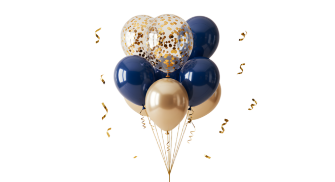 Elegant gold and navy blue balloons bouquet with confetti balloon perfect for celebrations and party decorations