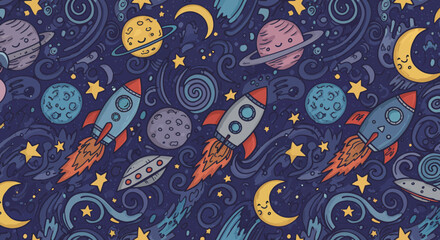 Naklejka premium Cute Cartoon Space Rockets Planets and Stars Seamless Pattern.