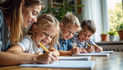 Fototapeta premium Mother and her children happily drawing and writing together at home