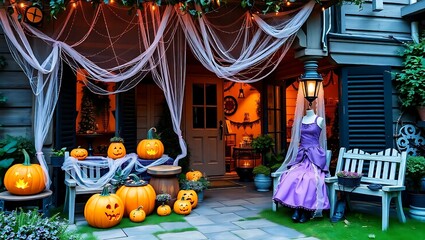 Fairy tale-themed Halloween terrace with glittering cobwebs, storybook pumpkins, and cute witches