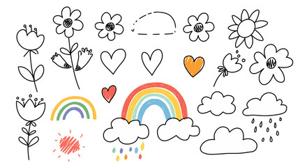 Fototapeta premium Cute HandDrawn Doodle Elements Flowers Hearts Rainbows Clouds Sun Simple Outlines.