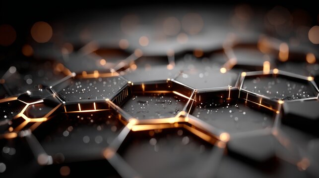 Futuristic hexagonal surface with glowing orange edges in dark blurred background. - Powered by Adobe