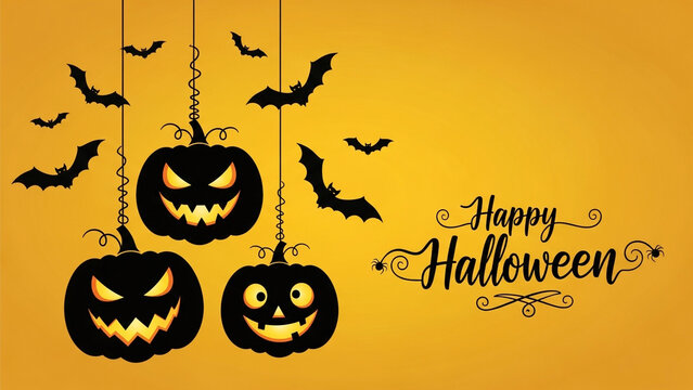 Halloween party background with scary hanging pumpkins with bats