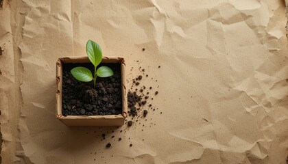 Flat lay of sprouting plant inside eco packaging