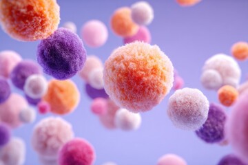 A floating, close up view of colorful, soft, fluffy, round organisms in the air against a light purple background, in the style of product photography.