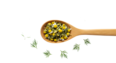 Wooden spoon filled with chamomile flowers isolated on black background, herbal tea ingredient, perfect for wellness and relaxation themes