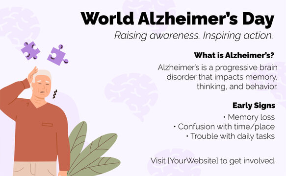 World Alzheimer Day awareness infographic banner with human brain illustration, symptoms, statistics and support message. Concept of memory loss and dementia horizontal poster. Vector illustration. - Powered by Adobe