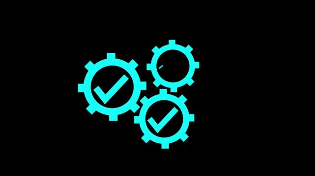 cyan color 3 Check mark and gears icon animation on black background .