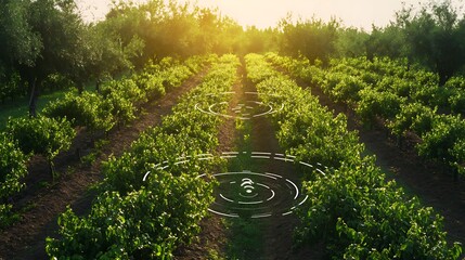 Tech-enhanced orchard with drone monitoring path overlays 