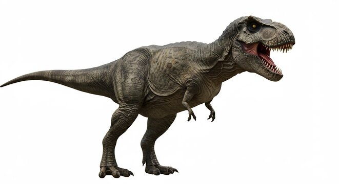 Tyrannosaure rugissant puissant lumiere vive fond blanc. AI Generated