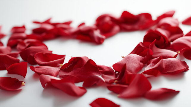 Red rose petals heart shape on white background romantic love valentine's day wedding floral design