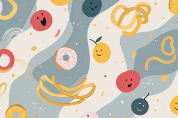 Abstract cute food icons like floating donuts, wiggly noodles, and smiling fruit in dreamy minimal style