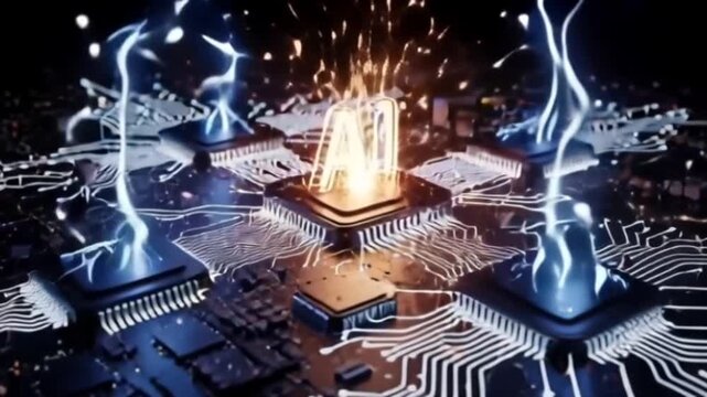 Explosion of microchip core with glowing data circuits and particles
