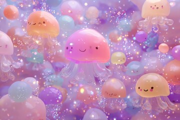 Fototapeta premium Abstract cute pastel world with floating jelly like blobs, sparkles, and tiny smiling faces, soft background