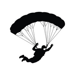 Silhouette of a skydiver with open parachute descending through the air isolated on white background