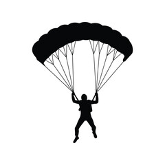 Silhouette of a skydiver with open parachute descending against a white background isolated on white background