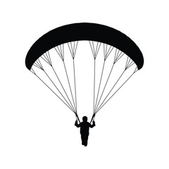 Silhouette of a paraglider descending with a large canopy isolated on white background