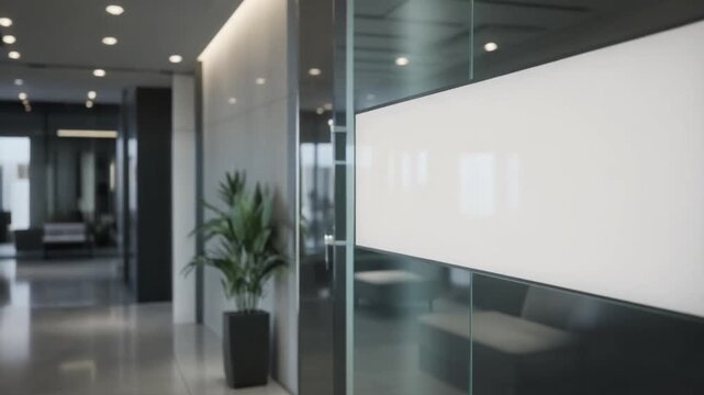 Blank glass nameplate design mockup, Signplate mock up on the wall near office entrance interior. Signage panel door number template. Clear printing sign board for branding near store