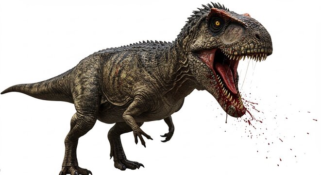 Dinosaure terrifiant rugit fort eclatante lumiere fond blanc. AI Generated