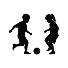 Silhouette of two children playing soccer together isolated on white background