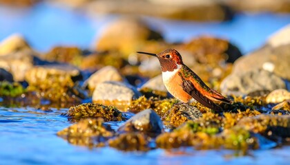 Vibrant Hummingbird Perched on Rock Amidst Coastal Waters, Detailed Close-Up