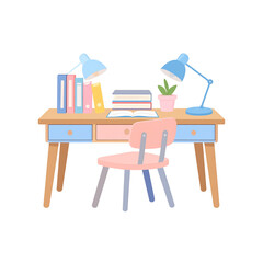 A simple wooden school desk with books and school supplies sits in a home interior, designed for study