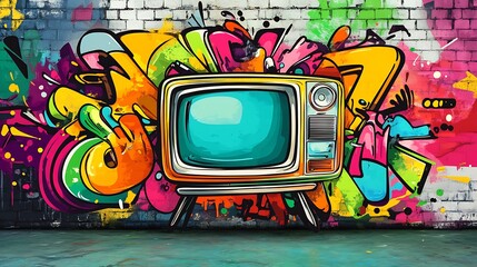 Graffiti style design with retro tv and text slogan creative street art vector