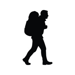 Silhouette of a man carrying a child on his back walking isolated on white background