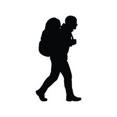 Silhouette of a hiker with a backpack walking against a white background isolated on white background