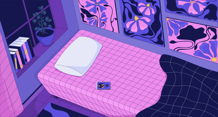 Dreamy bedroom interior with eclectic art decor flat illustration background. Cozy untidy bed with checkered bedsheet pillow, mobile player 2D cartoon backdrop. Colorful scene vector art image