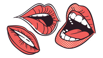 Obraz premium Three stylized red lips in various open positions with black outlines and white teeth visible art