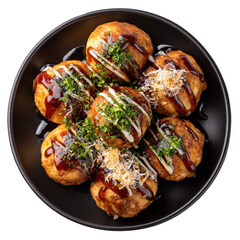 Fototapeta premium Delicious takoyaki balls drizzled with sauce and garnished, served on black plate. Perfect for street food lovers and Japanese cuisine enthusiasts [Transparent Background PNG].